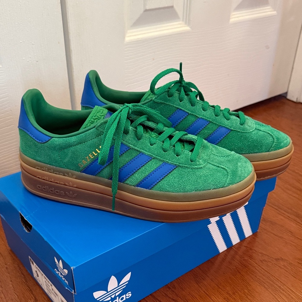 Adidas Green Suede Gazelle Sneakers with Blue Stripes